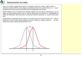 40
Deslocamento da médiaDeslocamento da média
Como já foi falado anteriormente todos os processos variam de maneira natural devido a
influencias externas (5M1E), essa variação é considerada normal até o valor limite de 1,5σ , caso o
processo varie mais do que isso, este não será mais classificado como Normal.
Quando falamos que um processo esta centrado, significa que não ocorreu deslocamento de sua
média, se esse processo estiver com um nível de Sigma igual a 6 teremos um probabilidade de
defeito de 0,0025 ppm. Mas como todos os processos variam é impossível, na pratica, termos esse
valor.
Considerando um deslocamento de média de 1,5σ teremos, para um nível de 6 sigma, um valor de
defeito de 3,4 ppm. Então quando falamos que para 6 Sigma os defeitos serão de 3,4 ppm,
significa que esse processo esta deslocado de 1,5σ
0 1,5
1,5σ
 