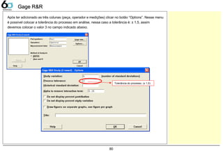 80
Gage R&RGage R&R
Após ter adicionado as três colunas (peça, operador e medições) clicar no botão “Options”. Nesse menu
é possível colocar a tolerância do processo em análise, nessa caso a tolerância é: ± 1,5, assim
devemos colocar o valor 3 no campo indicado abaixo.
Tolerância do processo. (± 1,5)
 