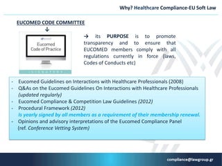 Why? Healthcare Compliance-EU Soft Law
- Eucomed Guidelines on Interactions with Healthcare Professionals (2008)
- Q&As on the Eucomed Guidelines On Interactions with Healthcare Professionals
(updated regularly)
- Eucomed Compliance & Competition Law Guidelines (2012)
- Procedural Framework (2012)
Is yearly signed by all members as a requirement of their membership renewal.
- Opinions and advisory interpretations of the Eucomed Compliance Panel
(ref. Conference Vetting System)
→ its PURPOSE is to promote
transparency and to ensure that
EUCOMED members comply with all
regulations currently in force (laws,
Codes of Conducts etc)
EUCOMED CODE COMMITTEE
↓
 