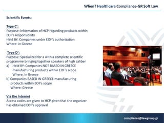 When? Healthcare Compliance-GR Soft Law
Scientific Events:
Τype C’:
Purpose: Information of HCP regarding products within
EOF’s responsibility
Held BY: Companies under EOF’s authorization
Where: in Greece
Τype D’:
Purpose: Specialized for a with a complete scientific
programme bringing together speakers of high caliber
a) Held BY: Companies NOT BASED IN GREECE
manufacturing products within EOF’s scope
Where: in Greece
b) Companies BASED IN GREECE manufacturing
products within EOF’s scope
Where: Greece
Via the Internet
Access codes are given to HCP given that the organizer
has obtained EOF’s approval
 