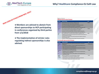 Why? Ηealthcare Compliance-ΕU Soft Law
● Members are advised to abstain from
direct sponsorships to HCP participating
in conferences organized by third parties
from 1/1/2018
● The implementation of stricter rules
regulating indirect sponsorships is also
advised.
 