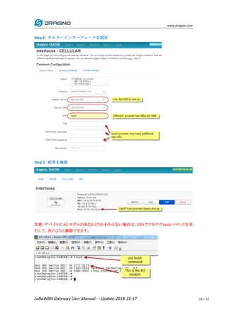 www.dragino.com
LoRaWAN Gateway User Manual ---Update:2018-11-17 13 / 31
Step 2: セルラーインターフェースを設定
Step 3: 結果を確認
注意：デバイスに 4G モデムがあるかどうかわからない場合は、SSH アクセスで lsusb コマンドを実
行して、次のように確認できます。
 