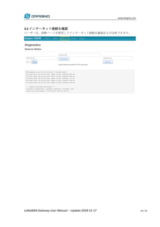 www.dragino.com
LoRaWAN Gateway User Manual ---Update:2018-11-17 14 / 31
3.2 インターネット接続を確認
ユーザーは、診断ページを使用してインターネット接続を確認および分析できます。
 