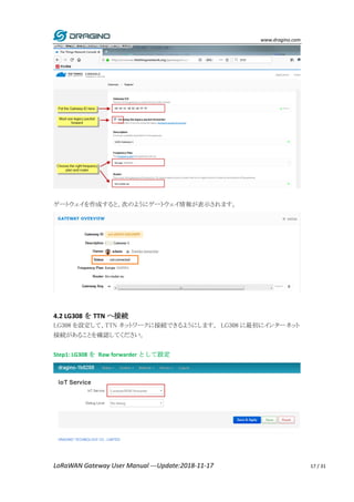 www.dragino.com
LoRaWAN Gateway User Manual ---Update:2018-11-17 17 / 31
ゲートウェイを作成すると、次のようにゲートウェイ情報が表示されます。
4.2 LG308 を TTN へ接続
LG308 を設定して、TTN ネットワークに接続できるようにします。 LG308 に最初にインターネット
接続があることを確認してください。
Step1: LG308 を Raw forwarder として設定
 