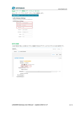 www.dragino.com
LoRaWAN Gateway User Manual ---Update:2018-11-17 18 / 31
Step2: サーバー情報とゲートウェイ ID 入力
正しいサーバーアドレスとゲートウェイ ID を選択します。
結果を確認
上記の設定の後、LG308 は TTN に接続できるはずです。以下は TTN から見た結果です。
 