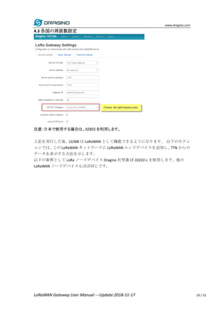 www.dragino.com
LoRaWAN Gateway User Manual ---Update:2018-11-17 19 / 31
4.3 各国の周波数設定
注意：日本で使用する場合は、AS923 を利用します。
上記を実行した後、LG308 は LoRaWAN として機能できるようになります。 以下のセクシ
ョンでは、この LoRaWAN ネットワークに LoRaWAN エンドデバイスを追加し、TTN からの
データを表示する方法を示します。
以下の参照として LoRa ノードデバイス Dragino 社型番 LT-33222-L を使用します。他の
LoRaWAN ノードデバイスもほぼ同じです。
 