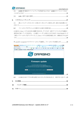 www.dragino.com
LoRaWAN Gateway User Manual ---Update:2018-11-17 3 / 31
7.1 LG308 用の独自のファームウェアを作成できますか？ LG308 のソースコードはど
こにありますか？ ...........................................................................................................................26
7.2 LoRa に関する他の質問....................................................................................................26
8. トラブルシューティング ...................................................................................................27
8.1 新しいパッケージのインストール時にカーネルエラーが発生します。修正方法を教えてく
ださい？.............................................................................................................................................27
8.2 ファームウェアがクラッシュした場合の LG308 の回復方法...............................................28
LG308 は、Linux システムを完全に制御できるため、デバイスが一部のブートファイルが不適切に
変更された後、ブートできません。 この場合、ユーザーは次のことができます。Web Failsafeモード
で新しいファームウェアをアップロードして、Linux システム全体を回復します。手順は以下のとおり
です。.................................................................................................................................................28
● squashfs-sysupgrade タイプのファームウェアを選択し、ファームウェアを更新します。..............28
......28
8.3 LG308 を WiFi アクセス用に設定しましたが、IP が失われました。 何をするべきか？ ...29
9. 注文情報 .............................................................................................................................30
10. パッケージ情報..............................................................................................................30
11. サポート .............................................................................................................................30
 