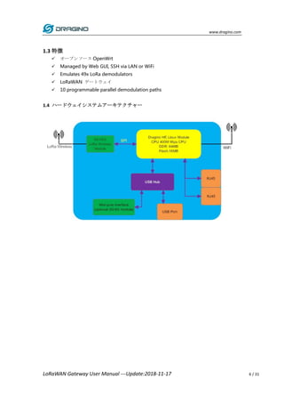 www.dragino.com
LoRaWAN Gateway User Manual ---Update:2018-11-17 6 / 31
1.3 特徴
 オープンソース OpenWrt
 Managed by Web GUI, SSH via LAN or WiFi
 Emulates 49x LoRa demodulators
 LoRaWAN ゲートウェイ
 10 programmable parallel demodulation paths
1.4 ハードウェイシステムアーキテクチャー
 