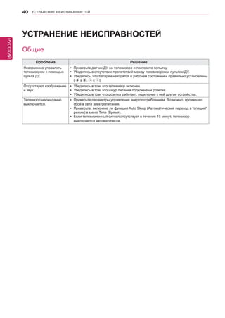 РУССКИЙ 
40 УСТРАНЕНИЕ НЕИСПРАВНОСТЕЙ 
УСТРАНЕНИЕ НЕИСПРАВНОСТЕЙ 
Общие 
Проблема Решение 
Невозможно управлять 
телевизором с помощью 
пульта ДУ. 
yy Проверьте датчик ДУ на телевизоре и повторите попытку. 
yy Убедитесь в отсутствии препятствий между телевизором и пультом ДУ. 
yy Убедитесь, что батареи находятся в рабочем состоянии и правильно установлены 
( к , к ). 
Отсутствуют изображение 
и звук. 
yy Убедитесь в том, что телевизор включен. 
yy Убедитесь в том, что шнур питания подключен к розетке. 
yy Убедитесь в том, что розетка работает, подключив к ней другие устройства. 
Телевизор неожиданно 
выключается. 
yy Проверьте параметры управления энергопотреблением. Возможно, произошел 
сбой в сети электропитания. 
yy Проверьте, включена ли функция Auto Sleep (Автоматический переход в спящий 
режим) в меню Time (Время). 
yy Если телевизионный сигнал отсутствует в течение 15 минут, телевизор 
выключается автоматически. 
 