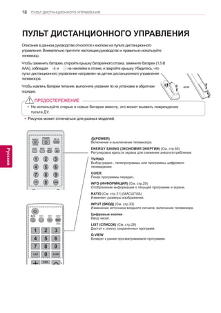 18 
ENG 
ПУЛЬТ ДИСТАНЦИОННОГО УПРАВЛЕНИЯ 
Русский 
ПУЛЬТ ДИСТАНЦИОННОГО УПРАВЛЕНИЯ 
Описания в данном руководстве относятся к кнопкам на пульте дистанционного 
управления. Внимательно прочтите настоящее руководство и правильно используйте 
телевизор. 
Чтобы заменить батареи, откройте крышку батарейного отсека, замените батареи (1,5 В 
AAA), соблюдая ￼ и ￼ на наклейке в отсеке, и закройте крышку. Убедитесь, что 
пульт дистанционного управления направлен на датчик дистанционного управления 
телевизора. 
Чтобы извлечь батареи питания, выполните указания по их установке в обратном 
порядке. 
yyНе используйте старые и новые батареи вместе, это может вызвать повреждение 
пульта ДУ. 
ПРЕДОСТЕРЕЖЕНИЕ 
yyРисунок может отличаться для разных моделей. 
(POWER) 
Включение и выключение телевизора. 
ENERGY SAVING (ЭКОНОМИЯ ЭНЕРГИИ) (См. стр.68) 
Регулировка яркости экрана для снижения энергопотребления. 
TV/RAD 
Выбор радио-, телепрограммы или программы цифрового 
телевидения. 
GUIDE 
Показ программы передач. 
INFO (ИНФОРМАЦИЯ) (См. стр.29) 
Отображение информации о текущей программе и экране. 
RATIO (См. стр.31) (МАСШТАБ) 
Изменяет размеры изображения. 
INPUT (ВХОД) (См. стр.33) 
Изменение источника входного сигнала; включение телевизора. 
Цифровые кнопки 
Ввод чисел. 
LIST (СПИСОК) (См. стр.28) 
Доступ к списку сохраненных программ. 
Q.VIEW 
Возврат к ранее просматриваемой программе. 
или 
 
