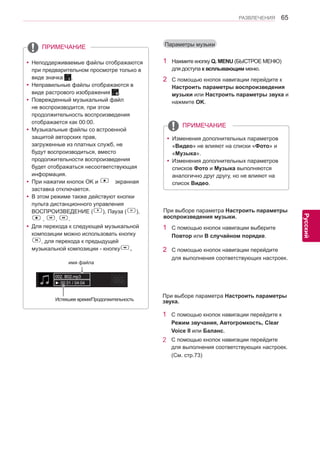 65 
ENG 
РАЗВЛЕЧЕНИЯ 
Русский 
1 Нажмите кнопку Q. MENU (БЫСТРОЕ МЕНЮ) 
для доступа к всплывающим меню. 
2 С помощью кнопок навигации перейдите к 
Настроить параметры воспроизведения 
музыки или Настроить параметры звука и 
нажмите OK. 
Параметры музыки 
yyИзменения дополнительных параметров 
«Видео» не влияют на списки «Фото» и 
«Музыка». 
yyИзменения дополнительных параметров 
списков Фото и Музыка выполняются 
аналогично друг другу, но не влияют на 
список Видео. 
ПРИМЕЧАНИЕ 
При выборе параметра Настроить параметры 
воспроизведения музыки. 
1 С помощью кнопок навигации выберите 
Повтор или В случайном порядке. 
2 С помощью кнопок навигации перейдите 
для выполнения соответствующих настроек. 
При выборе параметра Настроить параметры 
звука. 
1 С помощью кнопок навигации перейдите к 
Режим звучания, Автогромкость, Clear 
Voice II или Баланс. 
2 С помощью кнопок навигации перейдите 
для выполнения соответствующих настроек. 
(См. стр.73) 
yyНеподдерживаемые файлы отображаются 
при предварительном просмотре только в 
виде значка . 
yyНеправильные файлы отображаются в 
виде растрового изображения . 
yyПоврежденный музыкальный файл 
не воспроизводится, при этом 
продолжительность воспроизведения 
отображается как 00:00. 
yyМузыкальные файлы со встроенной 
защитой авторских прав, 
загруженные из платных служб, не 
будут воспроизводиться, вместо 
продолжительности воспроизведения 
будет отображаться несоответствующая 
информация. 
yyПри нажатии кнопок OK и r экранная 
заставка отключается. 
yyB этом режиме также действуют кнопки 
пульта дистанционного управления 
ВОСПРОИЗВЕДЕНИЕ (s), Пауза (t), 
r , w, v. 
yyДля перехода к следующей музыкальной 
композиции можно использовать кнопку 
w, для перехода к предыдущей 
музыкальной композиции - кнопкуv. 
ПРИМЕЧАНИЕ 
002. B02.mp3 
► 00:31 / 04:04 
Истекшее время/Продолжительность 
имя файла 
 