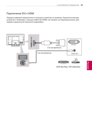 85 
ENG 
УСТАНОВЛЕНИЕ СОЕДИНЕНИЙ 
Русский 
Подключение DVI к HDMI 
Передача цифрового видеосигнала от внешнего устройства на телевизор. Подключите внешнее 
устройство к телевизору с помощью кабеля DVI-HDMI, как показано на следующем рисунке. Для 
передачи аудиосигнала подключите аудиокабель. 
(*не поставляется) 
(*не поставляется) 
DVD/ Blu-Ray / HD Cable Box 
 
