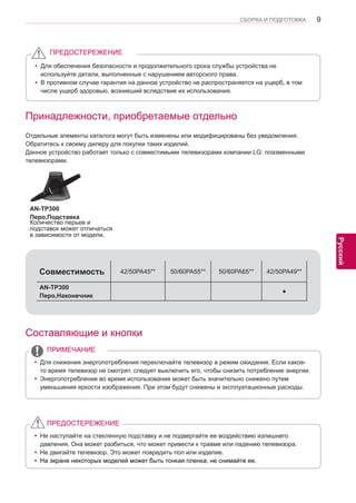 9 
ENG 
СБОРКА И ПОДГОТОВКА 
Русский 
Составляющие и кнопки 
yyДля снижения энергопотребления переключайте телевизор в режим ожидания. Если какое- 
то время телевизор не смотрят, следует выключить его, чтобы снизить потребление энергии. 
yyЭнергопотребление во время использования может быть значительно снижено путем 
уменьшения яркости изображения. При этом будут снижены и эксплуатационные расходы. 
ПРИМЕЧАНИЕ 
yyНе наступайте на стеклянную подставку и не подвергайте ее воздействию излишнего 
давления. Она может разбиться, что может привести к травме или падению телевизора. 
yyНе двигайте телевизор. Это может повредить пол или изделие. 
yyНа экране некоторых моделей может быть тонкая пленка; не снимайте ее. 
ПРЕДОСТЕРЕЖЕНИЕ 
yyДля обеспечения безопасности и продолжительного срока службы устройства не 
используйте детали, выполненные с нарушением авторского права. 
yyВ противном случае гарантия на данное устройство не распространяется на ущерб, в том 
числе ущерб здоровью, возникший вследствие их использования. 
ПРЕДОСТЕРЕЖЕНИЕ 
Принадлежности, приобретаемые отдельно 
Отдельные элементы каталога могут быть изменены или модифицированы без уведомления. 
Обратитесь к своему дилеру для покупки таких изделий. 
Данное устройство работает только с совместимыми телевизорами компании LG: плазменными 
телевизорами. 
AN-TP300 
Перо,Подставка 
Количество перьев и 
подставок может отличаться 
в зависимости от модели. 
Совместимость 42/50PA45** 50/60PA55** 50/60PA65** 42/50PA49** 
AN-TP300 
Перо,Наконечник • 
 