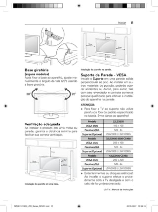 11

Iniciar

10 cm

10 cm
10 cm

10 cm

Base giratória
(alguns modelos)
Após ﬁxar a base ao aparelho, ajuste manualmente o ângulo da tela (20º) usando
a base giratória.

20

20

Suporte de Parede - VESA

Instale o Suporte em uma parede sólida
perpendicular ao piso. Ao instalar em outros materiais ou posição, poderão ocorrer acidentes ou danos, para evitar, fale
com seu revendedor e contrate somente
pessoal qualiﬁcado para efetuar a instalação do aparelho na parede.
ATENÇÃO:
Para ﬁxar a TV ao suporte não utilize
parafusos fora do padrão especiﬁcado
na tabela. Evite danos ao aparelho!
Modelo

Ventilação adequada
Ao instalar o produto em uma mesa ou
parede, garanta a distância mínima para
facilitar sua correta ventilação.

22LS3500

VESA (mm)

100 x 100

Parafuso/Qtd.

M4 - 4x

Suporte (Opcional)

LSW100B / LSW100BG

Modelo

32LS3400-3500-CS460

VESA (mm)

200 x 100

Parafuso/Qtd.

10 cm

LSW100B / LSW100BG

Modelo
10 cm

M4 - 4x

Suporte (Opcional)

10 cm

42LS3400-CS460

VESA (mm)

200 x 200

Parafuso/Qtd.

M6 - 4x

Suporte (Opcional)

10 cm

LSW200B / LSW200BG

Evite ferimentos ou choques elétricos!
Ao instalar o suporte efetue o procedimento com a TV desligada e com o
cabo de força desconectado.
LG TV | Manual de Instruções

MFL67372305_LCD_Series_REV01.indd 11

2012-03-07 12:04:19

 