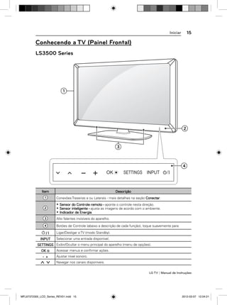 15

Iniciar

Conhecendo a TV (Painel Frontal)
LS3500 Series

1

2

3

4

Item

Descrição

1

Conexões Traseiras e ou Laterais - mais detalhes na seção Conectar.

2

• Sensor do Controle remoto - aponte o controle nesta direção.
• Sensor inteligente - ajusta as imagens de acordo com o ambiente.
• Indicador de Energia.

3

Alto falantes invisíveis do aparelho.

4

Botões de Controle (abaixo a descrição de cada função), toque suavemente para:

/I
INPUT

Ligar/Desligar a TV (modo Standby).
Selecionar uma entrada disponível.

SETTINGS Exibir/Ocultar o menu principal do aparelho (menu de opções).
OK
- +

Acessar menus e conﬁrmar ações.
Ajustar nível sonoro.
Navegar nos canais disponíveis.
LG TV | Manual de Instruções

MFL67372305_LCD_Series_REV01.indd 15

2012-03-07 12:04:21

 