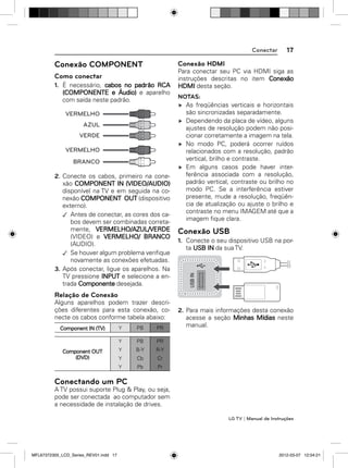 Conectar

17

Conexão COMPONENT

Conexão HDMI

Como conectar

Para conectar seu PC via HDMI siga as
instruções descritas no item Conexão
HDMI desta seção.

VERMELHO
AZUL
VERDE
VERMELHO
BRANCO

2. Conecte os cabos, primeiro na conexão COMPONENT IN (VIDEO/AUDIO)
disponível na TV e em seguida na conexão COMPONENT OUT (dispositivo
externo).
Antes de conectar, as cores dos cabos devem ser combinadas corretamente, VERMELHO/AZUL/VERDE
(VIDEO) e VERMELHO/ BRANCO
(AUDIO).
Se houver algum problema veriﬁque
novamente as conexões efetuadas.
3. Após conectar, ligue os aparelhos. Na
TV pressione INPUT e selecione a entrada Componente desejada.

NOTAS:
As freqüências verticais e horizontais
são sincronizadas separadamente.
Dependendo da placa de vídeo, alguns
ajustes de resolução podem não posicionar corretamente a imagem na tela.
No modo PC, poderá ocorrer ruídos
relacionados com a resolução, padrão
vertical, brilho e contraste.
Em alguns casos pode haver interferência associada com a resolução,
padrão vertical, contraste ou brilho no
modo PC. Se a interferência estiver
presente, mude a resolução, freqüência de atualização ou ajuste o brilho e
contraste no menu IMAGEM até que a
imagem ﬁque clara.

Conexão USB
1. Conecte o seu dispositivo USB na porta USB IN da sua TV.

USB IN

1. É necessário, cabos no padrão RCA
(COMPONENTE e Áudio) e aparelho
com saída neste padrão.

Relação de Conexão
Alguns aparelhos podem trazer descrições diferentes para esta conexão, conecte os cabos conforme tabela abaixo:
Component IN (TV)

PB

PR

Y

PB

PR

Y

B-Y

R-Y

Y

Cb

Cr

Y

Component OUT
(DVD)

Y

Pb

2. Para mais informações desta conexão
acesse a seção Minhas Mídias neste
manual.

Pr

Conectando um PC
A TV possui suporte Plug & Play, ou seja,
pode ser conectada ao computador sem
a necessidade de instalação de drives.
LG TV | Manual de Instruções

MFL67372305_LCD_Series_REV01.indd 17

2012-03-07 12:04:21

 