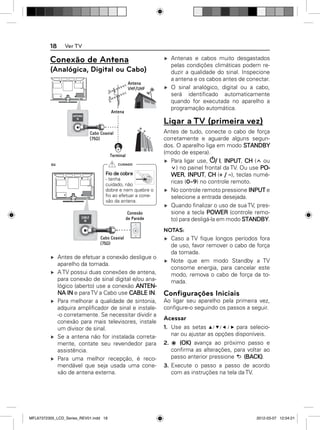 18

Ver TV
Antenas e cabos muito desgastados
pelas condições climáticas podem reduzir a qualidade do sinal. Inspecione
a antena e os cabos antes de conectar.
O sinal analógico, digital ou a cabo,
será identiﬁcado automaticamente
quando for executada no aparelho a
programação automática.

Conexão de Antena
(Analógica, Digital ou Cabo)

ANTENNA
IN

Ligar a TV (primeira vez)

CUIDADO

Fio de cobre
- tenha
cuidado, não
dobre e nem quebre o
ﬁo ao efetuar a conexão da antena.
CABLE
IN

Antes de efetuar a conexão desligue o
aparelho da tomada.
A TV possui duas conexões de antena,
para conexão de sinal digital e/ou analógico (aberto) use a conexão ANTENNA IN e para TV a Cabo use CABLE IN.
Para melhorar a qualidade de sintonia,
adquira ampliﬁcador de sinal e instale-o corretamente. Se necessitar dividir a
conexão para mais televisores, instale
um divisor de sinal.
Se a antena não for instalada corretamente, contate seu revendedor para
assistência.
Para uma melhor recepção, é recomendável que seja usada uma conexão de antena externa.

MFL67372305_LCD_Series_REV01.indd 18

Antes de tudo, conecte o cabo de força
corretamente e aguarde alguns segundos. O aparelho liga em modo STANDBY
(modo de espera).
Para ligar use, / I, INPUT, CH ( ou
) no painel frontal da TV. Ou use POWER, INPUT, CH (
), teclas numéricas (0~9) no controle remoto.
No controle remoto pressione INPUT e
selecione a entrada desejada.
Quando ﬁnalizar o uso de sua TV, pressione a tecla POWER (controle remoto) para desligá-la em modo STANDBY.
NOTAS:
Caso a TV ﬁque longos períodos fora
de uso, favor remover o cabo de força
da tomada.
Note que em modo Standby a TV
consome energia, para cancelar este
modo, remova o cabo de força da tomada.

Conﬁgurações Iniciais
Ao ligar seu aparelho pela primeira vez,
conﬁgure-o seguindo os passos a seguir.

Acessar
1. Use as setas
para selecionar ou ajustar as opções disponíveis.
2.

(OK) avança ao próximo passo e
conﬁrma as alterações, para voltar ao
passo anterior pressione
(BACK).

3. Execute o passo a passo de acordo
com as instruções na tela da TV.

2012-03-07 12:04:21

 