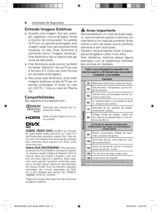 6

Instruções de Segurança

Evitando Imagens Estáticas
Quando uma imagem ﬁxa (por exemplo, logotipos, menus de jogos, ﬁlmes
e monitor de computador) for exibido
na TV por um período prolongado, esta
imagem pode ﬁcar permanentemente
impressa na tela. Esse fenômeno é
conhecido como “imagens estáticas.
”
Este fenômeno não é coberto pela garantia do fabricante.
Este fenômeno pode ocorrer também
em áreas “letterbox” de sua TV ao usar
o formato 4:3. Evite usar este formato
em períodos prolongados.
Para evitar este fenômeno, evite exibir
imagens estáticas na tela da TV por um
período prolongado (2 horas ou mais
em LCD TV, 1 hora ou mais em Plasma
TV).

Aviso importante
Para estabelecer um nível de áudio seguro, recomendamos ajustar o volume a um
nível baixo e em seguida aumentar lentamente o som até poder ouví-lo confortavelmente e sem distorções.
Também recomendamos evitar a exposição prolongada a ruídos muito altos.
Para referência, listamos abaixo alguns
exemplos, com as respectivas intensidades sonoras em decibéis.
Evite o uso prolongado do aparelho com
volume superior a 85 decibéis pois isto poderá
prejudicar a sua audição.
Exemplos

30
40

Vídeo e Áudio Digital numa única conexão.

SOBRE VÍDEO DIVX: DivX® é um formato
de vídeo digital criado pela DivX, Inc. Esta TV é
certiﬁcada para reproduzir vídeos DivX. Para obter mais informações e ferramentas de software
para converter seus arquivos em DivX, visite
www.divx.com.
Sobre DivX ON-DEMAND: Para reproduzir
conteúdo DivX Certiﬁed®, é necessário registrá-lo. Acesse a seção Código de Registro DivX no
manual, gere seu código e acesse o site vod.
divx.com para registrar o aparelho. Após registrá-lo será possível reproduzir conteúdos especiais e também baixar vídeos em alta deﬁnição.
As marcas DivX®, DivX Certiﬁed ® e logotipos
associados são marcas registradas da DivX,
Inc. e são utilizadas sob licença: Pat. 7295673,
7460668, 7515710, 7519274.

Ar condicionado a uma distância de 6
m, máquina de costura.

70
Nível de Decibéis

Fabricado sob Licença dos Laboratórios Dolby.

Trânsito leve, conversação normal, escritório silencioso.

60

Seu aparelho é compatível com:

Sala de estar, refrigerador, quarto longe do trânsito.

50

Compatibilidades

Biblioteca silenciosa, sussurros leves.

Aspirador de pó, secador de cabelo,
restaurante ruidoso.

80

Tráfego médio de cidade, coletor de
lixo, alarme de despertador a uma distância de 60 cm.

OS RUÍDOS ABAIXO PODEM SER
PERIGOSOS EM CASO DE EXPOSIÇÃO
CONSTANTE

90

Metrô, motocicleta, tráfego de caminhão, cortador de grama.

Caminhão de lixo, serra elétrica, fura100 deira pneumática.
Show de banda de rock em frente às
120 caixas acústicas, trovão.
140 Tiro de arma de fogo, avião a jato.
180 Lançamento de foguete.
Informação cedida pela Deafness Research Foundation, por cortesia.

*Algumas funções aqui descritas são exclusivas
de alguns modelos.

MFL67372305_LCD_Series_REV01.indd 6

2012-03-07 12:04:18

 