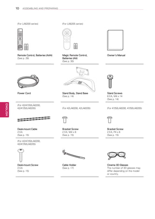 10

ASSEMBLING AND PREPARING

(For LA6205 series)

Remote Control, Batteries (AAA)
(See p. 28)

Magic Remote Control,
Batteries (AA)
(See p. 30)

Owner’s Manual

Power Cord

ENGLISH

(For LA6200 series)

Stand Body, Stand Base
(See p. 14)

Stand Screws
8 EA, M4 x 14
(See p. 14)

(For 42/47/50LA6200,
42/47/50LA6205)

(For 42LA6200, 42LA6205)

(For 47/50LA6200, 47/50LA6205)

Desk-mount Cable
2 EA
(See p. 15)

Bracket Screw
2 EA, M4 x 8
(See p. 15)

Bracket Screw
2 EA, P4 x 8
(See p. 15)

Cable Holder
(See p. 17)

Cinema 3D Glasses
The number of 3D glasses may
differ depending on the model
or country.

(For 42/47/50LA6200,
42/47/50LA6205)

Desk-mount Screw
2 EA
(See p. 15)

 