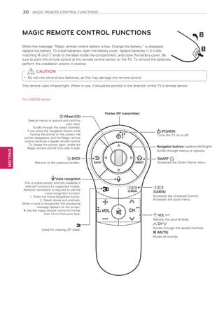 30

MAGIC REMOTE CONTROL FUNCTIONS

MAGIC REMOTE CONTROL FUNCTIONS
When the message “Magic remote control battery is low. Change the battery.” is displayed,
replace the battery. To install batteries, open the battery cover, replace batteries (1.5 V AA)
matching
and
ends to the label inside the compartment, and close the battery cover. Be
sure to point the remote control at the remote control sensor on the TV. To remove the batteries,
perform the installation actions in reverse.

CAUTION
Do
yy not mix old and new batteries, as this may damage the remote control.
This remote uses infrared light. When in use, it should be pointed in the direction of the TV’s remote sensor.

For LA6205 series

Pointer (RF transmitter)

Wheel (OK)

ENGLISH

Selects menus or options and confirms
your input.
Scrolls through the saved channels.
If you press the navigation button while
moving the pointer on the screen, the
pointer disappears, and the Magic remote
control works as a regular remote control.
To display the pointer again, shake the
Magic remote control from side to side.

BACK
Returns to the previous screen.

(POWER)
Turns the TV on or off.
Navigation buttons (up/down/left/right)
Scrolls through menus or options.

BACK

SMART

SMART
Accesses the Smart Home menu.

Voice recognition
-This is a beta version and only available in
selected functions for supported models.
-Network connection is required to use the
voice recognition function.
1. Press the Voice recognition button.
2. Speak slowly and precisely.
When a voice is recognized, the processing
message appears on the screen.
• Use the magic remote control no further
than 10 cm from your face.

Used for viewing 3D video.

/Q.MENU

VOL

CH

/Q.MENU
Accesses the Universal Control.
Accesses the quick menu.

VOL
Adjusts the volume level.
CH
Scrolls through the saved channels.
(MUTE)
Mutes all sounds.

 