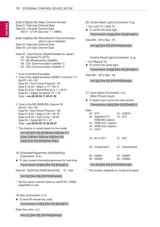 10 EXTERNAL CONTROL DEVICE SETUP

ENGLISH
ENG

[Data 01][Data 02]: Major Channel Number
Data 01: High byte Channel Data
Data 02: Low byte Channel Data
	 - 00 01 ~ 27 0F (Decimal: 1 ~ 9999)
[Data 03][Data 04]:  inor/Branch Channel Number
M
(Don’t care in Satellite)
Data 03: High byte Channel Data
Data 04: Low byte Channel Data
Data 05 : Input Source (Digital/Satellite for Japan)
	 - 02 : Terrestrial TV (DTV)
	 - 07 : BS (Broadcasting Satellite)
	 - 08 : CS1 (Communication Satellite 1)
	 - 09 : CS2 (Communication Satellite 2)
*	 Tune Command Examples:
1	 Tune to the digital terrestrial (ISDB-T) channel 17-1.
Set ID = All = 00
Data 00 = Don’t know Physical = 00
Data 01  02 = Major is 17 = 00 11
Data 03  04 = Minor/Branch is 1 = 00 01
Data 05 = Digital Terrestrial TV = 02
Total = ma 00 00 00 11 00 01 02

20.	Control Back Light (Command: m g)
•	 For LCD TV / LED TV

►► To control the back light.
Transmission [m][g][ ][Set ID][ ][Data][Cr]
Data Min : 00 to Max : 64
Ack [g][ ][Set ID][ ][OK/NG][Data][x]

	

Control Panel Light (Command: m g)

•	 For Plasma TV

►► To control the panel light.
Transmission [m][g][ ][Set ID][ ][Data][Cr]
Data Min : 00 to Max : 64
Ack [g][ ][Set ID][ ][OK/NG][Data][x]

21.	Input select (Command: x b)
(Main Picture Input)
►► To select input source for main picture.

2.	Tune to the BS (ISDB-BS) channel 30.
Set ID = All = 00
Data 00 = Don’t know Physical = 00
Data 01  02 = Major is 30 = 00 1E
Data 03  04 = Don’t Care = 00 00
Data 05 = Digital BS TV = 07
Total = ma 00 00 00 1E 00 00 07

Transmission [x][b][ ][Set ID][ ][Data][Cr]

*	 This feature is varied based on the model.
Ack [a][ ][Set ID][ ][OK][Data 00][Data 01]
[Data 02][Data 03][Data 04][Data 05]

Data
	 00 :  TV
D
01 : CADTV
	 02 :  atellite DTV
S
10 : ATV
ISDB-BS (Japan)
	 03 : ISDB-CS1 (Japan)
	 04 : ISDB-CS2 (Japan)
	 11 : CATV
	

18.	Channel(Programme) Add/Del(Skip)
(Command: m b)
►► To skip current channel(programme) for next time.
Transmission [m][b][ ][Set ID][ ][Data][Cr]
Data 00 : Del(ATSC,ISDB)/Skip(DVB)

01 : Add

Ack [b][ ][Set ID][ ][OK/NG][Data][x]
*	 Set the saved channel status to del(ATSC, ISDB)/
skip(DVB) or add.

19.	Key (Command: m c)
►► To send IR remote key code.
Transmission [m][c][ ][Set ID][ ][Data][Cr]
Data	Key code - p.2.
Ack [c][ ][Set ID][ ][OK/NG][Data][x]

20 : AV or AV1

21 : AV2

	

[x][a][ ][Set ID][ ][NG][Data 00][x]

40 : Component1

41 : Component2

	
	

90 : HDMI1
92 : HDMI3

91 : HDMI2
93 : HDMI4

Ack [b][ ][Set ID][ ][OK/NG][Data][x]
*	 This function depends on model and signal.

 