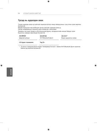12 
МОНГОЛ 
УГСРАЛТ БОЛОН БЭЛТГЭЛ 
Тусад нь худалдан авах 
Тусдаа худалдан авсан эд зүйлсийг мэдэгдэлгүйгээр чанар сайжруулахын тулд солих эсвэл өөрчлөх 
боломжтой. 
Өөрийн борлуулагчтай холбогдож эдгээр зүйлсийг худалдан авна уу. 
Эдгээр төхөөрөмжүүд тодорхой хэдэн загвартай л ажилладаг. 
Загварын нэр эсвэл загвар нь бүтээгдэхүүний функц, үйлдвэрлэгчийн нөхцөо байдал эсвэл 
бодлогоос хамаарч өөрчлөгдөх боломжтой. 
AN-MR500 
AN-WF500 
AN-VC5** 
Шидтэй алсын 
Wi-Fi/Bluetooth Донгл 
Видео дуудлагын камер 
LG Аудио төхөөрөмж Tag On 
* Та Алсын Удирдлага болон Аудио Төхөөрөмж(Утасгүй) -г зөвхөн Wi-Fi/Bluetooth Донгл ашиглаж 
байгаа үед ашиглах боломжтой. 
 