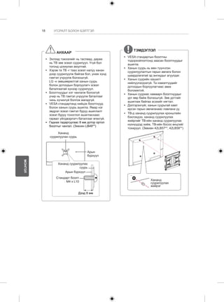 18 
МОНГОЛ 
УГСРАЛТ БОЛОН БЭЛТГЭЛ 
АНХААР 
yy Эхлээд тэжээлийг нь таслаад, дараа 
нь ТВ зөө эсвэл суурилуул. Үгүй бол 
тогонд цохиулах аюултай. 
yy Хэрэв та ТВ -г тааз эсвэл налуу ханан 
дээр суурилуулж байгаа бол, унаж хүнд 
гэмтэл учруулж болзошгүй. 
LG -н зөвшөөрөлтэй ханын суурь 
болон дотоодын борлуулагч эсвэл 
баталгаатай хүнээр суурилуул. 
yy Боолтнуудыг хэт чангалж болохгүй 
учир нь ТВ гэмтэл учруулж баталгааг 
чинь хүчингүй болгож магадгүй. 
yy VESA стандартанд нийцэх боолтнууд 
болон ханын суурь ашигла. Ямар нэг 
эвдрэл эсвэл гэмтэл буруу ашиглалт 
эсвэл буруу тоноглол ашигласнаас 
гарвал үйлдвэрлэгч баталгааг өгөхгүй. 
yy Гаднах гадаргуугаас 8 мм дотор ортол 
боолтыг чангал. (Зөвхөн LB49**) 
Хананд 
суурилуулах суурь 
Арын 
бүрхүүл 
Хананд суурилуулах 
Стандарт боолт 
: M4 x L10 
суурь 
Арын бүрхүүл 
Дээд 8 мм 
ТЭМДЭГЛЭЛ 
yy VESA стандартын боолтны 
тодорхойлолтонд заасан боолтнуудыг 
ашигла. 
yy Ханын суурь нь мөн түүнчлэн 
суурилуулалтын гарын авлага болон 
шаардлагатай эд ангиудыг агуулдаг. 
yy Ханын суурийн хашилт 
нийлүүлэгдээгүй. Та нэмэлтүүдийг 
дотоодын борлуулагчаас авах 
боломжтой. 
yy Ханын сууриас хамаарч боолтнуудыг 
урт өөр байж болзошгүй. Зөв урттайг 
ашиглаж байгаа эсэхийг нягтал. 
yy Дэлгэрэнгүйг, ханын суурьтай хамт 
ирсэн гарын авлаганаас лавлана уу. 
yy ТВ-д хананд суурилуулах кронштейн 
бэхлэхдээ, хананд суурилуулах 
жийргийг ТВ-ийн хананд суурилуулах 
нүхнүүдэд хийж, ТВ-ийн босоо өнцгийг 
тохируул. (Зөвхөн 42LB57**, 42LB58**) 
Хананд 
суурилуулах 
жийрэг 
 