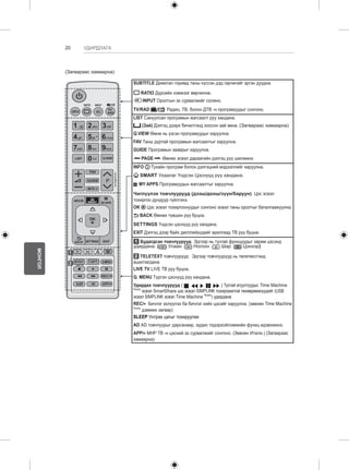 20 
МОНГОЛ 
УДИРДЛАГА 
SUBTITLE Дижитал горимд таны хүссэн дэд гарчигийг эргэн дуудна. 
RATIO Дүрсийн хэмжээг өөрчилнө. 
INPUT Оролтын эх сурвалжийг солино. 
TV/RAD Радио, ТВ, болон ДТВ -н програмуудыг сонгоно. 
LIST Сануулсан програмын жагсаалт руу хандана. 
(Зай) Дэлгэц дээрх бичилтэнд хоосон зай авна. (Загвараас хамаарна) 
Q.VIEW Өмнө нь үзсэн програмуудыг харуулна. 
FAV Таны дүртай програмын жагсаалтыг харуулна. 
GUIDE Програмын зааврыг харуулна. 
PAGE Өмнөх эсвэл дараагийн дэлгэц рүү шилжинэ. 
INFO Тухайн програм болон дэлгэцний мэдээллийг харуулна. 
SMART Ухаалаг Үндсэн Цэснүүд рүү хандана. 
MY APPS Програмуудын жагсаалтыг харуулна. 
Чиглүүлэх товчлуурууд (дээш/доош/зүүн/баруун) Цэс эсвэл 
тохиргоо дундуур гүйлгэнэ. 
OK Цэс эсвэл тохиргоонуудыг сонгоно эсвэл таны оролтыг баталгаажуулна. 
BACK Өмнөх түвшин рүү буцна. 
SETTINGS Үндсэн цэснүүд рүү хандана. 
EXIT Дэлгэц дээр байх дисплейүүдийг арилгаад ТВ рүү буцна. 
1 Будагдсан товчлуурууд Эдгээр нь тусгай функцуудыг зарим цэсэнд 
удирдана. ( Улаан Ногоон Шар Цэнхэр) 
2 TELETEXT товчлуурууд Эдгээр товчлуурууд нь телетекстэнд 
ашиглагдана. 
LIVE TV LIVE ТВ руу буцна. 
Q. MENU Түргэн цэснүүд рүү хандана. 
Удирдах товчлуурууд ( ) Тусгай агуулгуудыг, Time Machine 
Ready эсвэл SmartShare цэс эсвэл SIMPLINK тохиромжтой төхөөрөмжүүдийг (USB 
эсвэл SIMPLINK эсвэл Time Machine Ready) удирдана. 
REC/ Бичлэг эхлүүлэх ба бичлэг хийх цэсийг харуулна. (зөвхөн Time Machine 
Ready дэмжих загвар) 
SLEEP Унтрах цагыг тохируулах 
AD AD товчлуурыг дарсанаар, аудио тодорхойломжийн функц идэвхжинэ. 
APP/ MHP ТВ -н цэсний эх сурвалжийг сонгоно. (Зөвхөн Итали.) (Загвараас 
хамаарна) 
P 
A 
GE 
(Загвараас хамаарна) 
RATIO INPUT 
SUBTITLE RAD 
1 .,;@ 2 abc 3 def 
4 ghi 5 jkl 6 mno 
7 pqrs 8 tuv 
0 
LIST Q.VIEW 
FAV 
GUIDE 
MUTE 
TV/ 
9 wxyz 
EXIT 
OK 
SETTINGS 
MY APPS 
INFO 
TEXT T.OPT Q.MENU 
LIVE TV 
REC/ 
AD 
BACK 
SMART 
SLEEP APP/ 
1 
2 
 