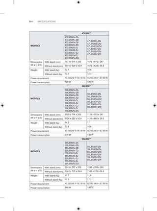 B-4 SPECIFICATIONS 
MODELS 
47LB58** 
47LB580V-ZA 
47LB580U-ZB 
47LB580V-ZB 
47LB580V-ZD 
47LB5820-ZJ 
47LB582B-ZJ 
47LB582U-ZJ 
47LB582V-ZJ 
47LB582V-ZG 
47LB5800-ZM 
47LB580B-ZM 
47LB580U-ZM 
47LB580V-ZM 
47LB585V-ZM 
47LB588V-ZW 
Dimensions 
(W x H x D) 
With stand (mm) 1073 x 676 x 255 1073 x 670 x 267 
Without stand(mm) 1073 x 629 x 55.8 1073 x 629 x 55.8 
Weight With stand (kg) 12.7 15.5 
Without stand (kg) 12.3 12.3 
Power requirement AC 100-240 V~ 50 / 60 Hz AC 100-240 V~ 50 / 60 Hz 
Power consumption 120 W 120 W 
MODELS 
50LB58** 
50LB580V-ZA 
50LB580U-ZB 
50LB580V-ZB 
50LB580V-ZD 
50LB5820-ZJ 
50LB582B-ZJ 
50LB582U-ZJ 
50LB582V-ZJ 
50LB582V-ZG 
50LB5800-ZM 
50LB580B-ZM 
50LB580U-ZM 
50LB580V-ZM 
50LB585V-ZM 
50LB588V-ZW 
Dimensions 
(W x H x D) 
With stand (mm) 1128 x 708 x 255 1128 x 703 x 267 
Without stand(mm) 1128 x 660 x 55.8 1128 x 660 x 55.8 
Weight With stand (kg) 14.2 17 
Without stand (kg) 13.8 13.8 
Power requirement AC 100-240 V~ 50 / 60 Hz AC 100-240 V~ 50 / 60 Hz 
Power consumption 130 W 130 W 
MODELS 
55LB58** 
55LB580V-ZA 
55LB580U-ZB 
55LB580V-ZB 
55LB580V-ZD 
55LB5820-ZJ 
55LB582B-ZJ 
55LB582U-ZJ 
55LB582V-ZJ 
55LB582V-ZG 
55LB5800-ZM 
55LB580B-ZM 
55LB580U-ZM 
55LB580V-ZM 
55LB585V-ZM 
55LB588V-ZW 
Dimensions 
(W x H x D) 
With stand (mm) 1243 x 772 x 255 1243 x 766 x 293 
Without stand(mm) 1243 x 725 x 56.8 1243 x 725 x 56.8 
Weight With stand (kg) 17.7 21.6 
Without stand (kg) 17.3 17.3 
Power requirement AC 100-240 V~ 50 / 60 Hz AC 100-240 V~ 50 / 60 Hz 
Power consumption 140 W 140 W 
 