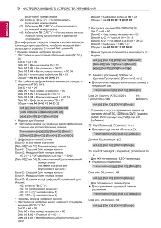 10 
РУСРССУКИЙ 
НАСТРОЙКА ВНЕШНЕГО УСТРОЙСТВА УПРАВЛЕНИЯ 
физический номер канала 
- 22: антенна ТВ (DTV) – Не использовать 
физический номер канала 
- 26: Кабельное ТВ (CADTV) – Не использовать 
физический номер канала 
- 46: Кабельное ТВ (CADTV) – Использовать только 
главный номер канала (канал с одинарной 
нумерацией) 
Для информации о каждом главном и вспомогательном 
канале доступно два байта, но обычно младший байт 
используется отдельно (старший байт равен 0). 
* Примеры команд настройки канала: 
1. Настройка на аналоговый кабельный канал (NTSC) 
35. 
Set ID = All = 00 
Data 00 = Данные канала 35 = 23 
Data 01 & 02 = Без главного = 00 00 
Data 03 & 04 = Без вспомогательного = 00 00 
Data 05 = Аналоговое кабельное ТВ = 01 
Общее = ma 00 23 00 00 00 00 01 
2. Настройка на цифровой канал наземного стандарта 
вещания (ATSC) 30-3. 
Set ID = All = 00 
Data 00 = Физ. номер не известен = 00 
Data 01 & 02 = Главный 30 = 00 1E 
Data 03 & 04 = Вспомогательный 3 = 00 03 
Data 05 = Цифровое антенна ТВ = 22 
Общее = ma 00 00 00 1E 00 03 22 
Ack [a][ ][Set ID][ ][OK][Data 00][Data 01] 
[Data 02][Data 03][Data 04][Data 05] 
[x][a][ ][Set ID][ ][NG][Data 00][x] 
• Модели для Японии 
►►Настройка канала на указанные далее физические, 
главные или вспомогательные номера. 
Transmission [m][a][ ][0][ ][Data00][ ][Data01] 
[ ][Data02][ ][Data03][ ][Data04][ ][Data05][Cr] 
* Цифровое антенна/Спутник 
Data 00: xx (не имеет значения) 
[Data 01][Data 02]: Главный номер канала 
Data 01: Старший байт номера канала 
Data 02: Младший байт номера канала 
- 00 01 ~ 27 0F (десятеричный код: 1 ~ 9999) 
[Data 03][Data 04]: Вспомогательный/дополнительный 
номер канала 
(не имеет значения для 
спутникового сигнала) 
Data 03: Старший байт номера канала 
Data 04: Младший байт номера канала 
Data 05: Источник входа (цифровой/спутниковый для 
Японии) 
- 02: антенна ТВ (DTV) 
- 07: BS (спутниковое вещание) 
- 08: CS1 (спутниковая связь 1) 
- 09: CS2 (спутниковая связь 2) 
* Примеры команд настройки канала: 
1 Настройка на цифровой канал наземного стандарта 
вещания (ISDB-T) 17-1. 
Set ID = All = 00 
Data 00 = Физ. номер не известен = 00 
Data 01 & 02 = Главный 17 = 00 11 
Data 03 & 04 = Вспомогательный/дополнительный = 
00 01 
Data 05 = Цифровое антенна ТВ = 02 
Общее = ma 00 00 00 11 00 01 02 
2. Настройка на канал BS (ISDB-BS) 30. 
Set ID = All = 00 
Data 00 = Физ. номер не известен = 00 
Data 01 & 02 = Главный 30 = 00 1E 
Data 03 & 04 = Не имеет значения = 00 00 
Data 05 = Цифровое ТВ BS = 07 
Общее = ma 00 00 00 1E 00 00 07 
* Данная функция отличается в зависимости от 
модели. 
Ack [a][ ][Set ID][ ][OK][Data 00][Data 01] 
[Data 02][Data 03][Data 04][Data 05] 
[x][a][ ][Set ID][ ][NG][Data 00][x] 
21. Канал (Программа) Добавить/ 
Удалить(Пропустить) (Command: m b) 
►►Для пропуска текущего канала (программы) в 
следующий раз. 
Transmission [m][b][ ][Set ID][ ][Data][Cr] 
Data 00: Удалить (ATSC,ISDB)/ 
Пропустить(DVB) 
01: 
Добавить 
Ack [b][ ][Set ID][ ][OK/NG][Data][x] 
* Установка статуса сохраненного канала на 
значение del (ATSC, ISDB)/skip(DVB) (удалить 
(ATSC, ISDB)/пропустить(DVB)) или add 
(добавить). 
22. Key (Клавиша) (Command: m c) 
►►Отправка кода кнопки ИК-пульта ДУ. 
Transmission [m][c][ ][Set ID][ ][Data][Cr] 
Данные Код клавиши - p.2. 
Ack [c][ ][Set ID][ ][OK/NG][Data][x] 
23. Control Backlight (Подсветка) (Command: m 
g) 
• Для ЖК-телевизора / LED-телевизора 
►►Управление подсветкой. 
Transmission [m][g][ ][Set ID][ ][Data][Cr] 
Data мин. 00 до макс.: 64 
Ack [g][ ][Set ID][ ][OK/NG][Data][x] 
• Для плазменных телевизоров 
►►Для управления подсветкой панели 
управления. 
Transmission [m][g][ ][Set ID][ ][Data][Cr] 
Data мин. 00 до макс.: 64 
Ack [g][ ][Set ID][ ][OK/NG][Data][x] 
 