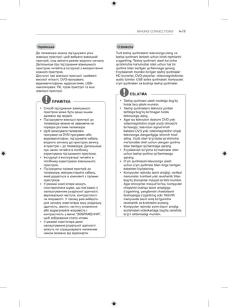 MAKING CONNECTIONS A-19 
Українська 
До телевізора можна під’єднувати різні 
зовнішні пристрої; щоб вибрати зовнішній 
пристрій, слід змінити режим вхідного сигналу. 
Детальніше про під’єднання зовнішнього 
пристрою читайте в інструкції з використання 
кожного пристрою. 
Доступні такі зовнішні пристрої: приймачі 
високої чіткості, DVD-програвачі, 
відеомагнітофони, аудіосистеми, USB- 
накопичувачі, ПК, ігрові пристрої та інші 
зовнішні пристрої. 
ПРИМІТКА 
yy Спосіб під’єднання зовнішнього 
пристрою може бути дещо іншим 
залежно від моделі. 
yy Під’єднувати зовнішні пристрої до 
телевізора можна не зважаючи на 
порядок роз’ємів телевізора. 
yy Щоб записувати телевізійні 
програми на DVD-програвач або 
відеомагнітофон, під’єднайте кабель 
вхідного сигналу до пристрою запису, 
а пристрій – до телевізора. Детальніше 
про запис читайте в посібнику 
користувача під’єднаного пристрою. 
yy Інструкції з експлуатації читайте в 
посібнику користувача зовнішнього 
пристрою. 
yy Під’єднуючи ігровий пристрій до 
телевізора, використовуйте кабель, 
який додається в комплекті з ігровим 
пристроєм. 
yy У режимі комп’ютера можуть 
спостерігатися шуми, що пов’язано з 
налаштуванням роздільної здатності, 
вертикальної частоти, контрастності 
чи яскравості. У такому разі виберіть 
для сигналу комп’ютера іншу роздільну 
здатність, змініть частоту оновлення 
або відрегулюйте яскравість і 
контрастність у меню “ЗОБРАЖЕННЯ”, 
щоб зображення стало чітким. 
yy У режимі комп’ютера деякі 
налаштування роздільної здатності 
можуть не спрацьовувати належним 
чином залежно від відеокарти. 
O’zbekcha 
Turli tashqi qurilmalarni televizorga ulang va 
tashqi qurilmani tanlash uchun kirish rejimlarini 
o’zgartiring. Tashqi qurilmani ulash bo’yicha 
qo’shimcha ma’lumotlar olish uchun har bir 
qurilma bilan berilgan qo’llanmaga qarang. 
Foydalanish mumkin bo’lgan tashqi qurilmalar: 
HD tyunerlar, DVD pleyerlar, videomagnitofonlar, 
audio tizimlar, USB xotira qurilmalari, kompyuter, 
o’yin qurilmalari va boshqa tashqi qurilmalar. 
ESLATMA 
yy Tashqi qurilmani ulash modelga bog’liq 
holda farq qilishi mumkin. 
yy Tashqi qurilmalarni televizor portlari 
tartibiga bog’liq bo’lmagan holda 
televizorga ulang. 
yy Agar siz televizion dasturni DVD yoki 
videomagnitofon orqali yozib olmoqchi 
bo’lsangiz, televizion signal kirish 
kabelini DVD yoki videomagnitofon orqali 
televizorga ulanganligiga ishonch hosil 
qiling. Yozib olish to’g’risida qo’shimcha 
ma’lumotlar olish uchun ulangan qurilma 
bilan berilgan qo’llanmaga qarang. 
yy Foydalanish bo’yicha ko’rsatmalar olish 
uchun tashqi qurilma qo’llanmasiga 
qarang. 
yy O’yin qurilmasini televizorga ulash 
uchun o’yin qurilmasi bilan birga berilgan 
kabeldan foydalaning. 
yy Kompyuter rejimida tasvir aniqligi, vertikal 
namunalar, kontrast yoki ravshanlik bilan 
bog’liq shovqinlar mavjud bo’lishi mumkin. 
Agar shovqinlar mavjud bo’lsa, kompyuter 
chiqishini boshqa tasvir aniqligiga 
o’zgartiring, yangilanish chastotasini 
boshqasiga o’zgartiring yoki TASVIR 
menyusida tasvir aniq bo’lgunicha 
ravshanlik va kontrastni sozlang. 
yy Kompyuter rejimida ayrim tasvir aniqligi 
sozlamalari videokartaga bog’liq ravishda 
to’g’ri ishlamasligi mumkin. 
 
