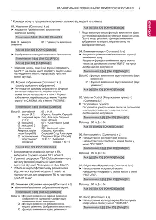 7 
УКРАEЇNНСGЬКА 
НАЛАШТУВАННЯ ЗОВНІШНЬОГО ПРИСТРОЮ КЕРУВАННЯ * Команди можуть працювати по-різному залежно від моделі та сигналу. 
01. Живлення (Command: k a) 
►►Керування *увімкненням і вимкненням 
живлення виробу. 
Transmission[k][a][ ][Set ID][ ][Data][Cr] 
Data 00 : вимкнути 
живлення 
01 : *увімкнути живлення 
Ack [a][ ][Set ID][ ][OK/NG][Data][x] 
►►Відображення стану увімкнення чи *вимкнення 
Transmission [k][a][ ][Set ID][ ][FF][Cr] 
Ack [a][ ][Set ID][ ][OK][Data][x] 
* Подібним чином, якщо інші функції передають 
дані "FF" на основі цього формату, зворотні дані 
підтвердження несуть інформацію про стан 
кожної функції. 
02. Формат зображення (Command: k c) 
(розмір основного зображення) 
►►Регулювання формату зображення. (Формат 
основного зображення).Формат екрана 
можна також налаштувати в пункті Формат 
зображення, перейшовши до меню "Формат 
екрану" в Q.MENU. або в меню "PICTURE". 
Transmission [k][c][ ][Set ID][ ][Data][Cr] 
Data 01 : звичайний 
екран (4:3) 
02 : широкий екран 
(16:9) 
04 : масштаб 
05 : масштаб 2 
(Латинська 
Америка, окрім 
лише Колумбії) 
06 : встановлено 
програмою/ 
вихідний 
07 : 14:9 
(Європа, Колумбія, Середній 
Схід, Азія окрім Південної 
Кореї і Японії) 
09 : * Сканування (Just 
Scan) 
0B : Широкий екран 
(Європа, Колумбія, 
Середній Схід, Азія окрім 
Південної Кореї і Японії) 
10 to 1F : Масштаб 
екрана 1 to 16 
Ack [c][ ][Set ID][ ][OK/NG][Data][x] 
* Використовуючи вхідний сигнал з ПК, 
вибирайте формат екрана 16:9 або 4:3. 
* У режимі цифрового ТБ/HDMI/компонентного 
сигналу (високої роздільної здатності) 
доступна функція "Сканування (Just Scan)". 
* Робота в широкоформатному режимі може 
відрізнятися в різних моделях і повністю 
підтримується для цифрового ТБ та частково 
для ATV та AV. 
03. Вимкнення зображення на екрані (Command: k d) 
►►Увімкнення/вимкнення зображення на екрані. 
Transmission [k][d][ ][Set ID][ ][Data][Cr] 
Data 00 : функцію вимкнення екрана вимкнено 
(зображення відтворюється)функцію 
вимкнення відео вимкнено 
01 : функцію вимкнення зображення на 
екрані увімкнено (зображення вимкнено) 
10 : функцію вимкнення відео увімкненоv 
Ack [d][ ][Set ID][ ][OK/NG][Data][x] 
* Якщо ввімкнути лише функцію вимкнення відео, 
на телевізорі відображатиметься екранне меню. 
Проте якщо увімкнено функцію вимкнення 
зображення на екрані, екранне меню не 
відображатиметься. 
04. Вимкнення звуку (Command: k e) 
►►Керування увімкненням/вимкненням функції 
вимкнення звуку. 
Керувати функцією вимкнення звуку можна 
також за допомогою кнопки "MUTE" на пульті 
дистанційного керування. 
Transmission [k][e][ ][Set ID][ ][Data][Cr] 
Data 00 : функцію вимкнення звуку увімкнено (звук 
вимкнено) 
01 : функцію вимкнення звуку вимкнено (звук 
увімкнено) 
Ack [e][ ][Set ID][ ][OK/NG][Data][x] 
05. Volume Control (Регулювання гучності) 
(Command: k f) 
►►Регулювання гучності. 
Регулювати гучність можна також за допомогою 
кнопок регулювання гучності на пульті 
дистанційного керування. 
Transmission [k][f][ ][Set ID][ ][Data][Cr] 
Data від : 00 to До : 64 
Ack [f][ ][Set ID][ ][OK/NG][Data][x] 
06. Контрастність (Command: k g) 
►►Налаштування контрастності екрана. 
Налаштувати контрастність можна також у 
меню "PICTURE". 
Transmission [k][g][ ][Set ID][ ][Data][Cr] 
Data від : 00 to До : 64 
Ack [g][ ][Set ID][ ][OK/NG][Data][x] 
07. Brightness (Яскравість) (Command: k h) 
►►Налаштування яскравості екрана. 
Налаштувати яскравість можна також у меню 
"PICTURE". 
Transmission [k][h][ ][Set ID][ ][Data][Cr] 
Data від : 00 to До : 64 
Ack [h][ ][Set ID][ ][OK/NG][Data][x] 
08. Колір (Command: k i) 
►►Налаштування кольору екрана.Налаштувати 
колір можна також у меню "PICTURE". 
Transmission [k][i][ ][Set ID][ ][Data][Cr] 
 