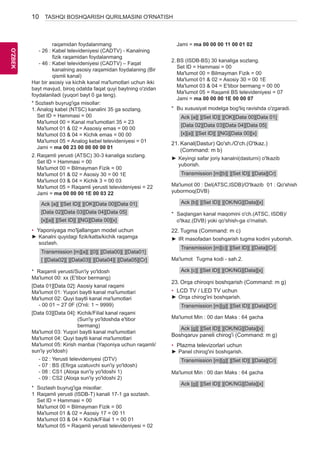 10 
OO'Z'BZEBK 
TASHQI BOSHQARISH QURILMASINI O'RNATISH 
raqamidan foydalanmang 
- 26 : Kabel televideniyesi (CADTV) - Kanalning 
fizik raqamidan foydalanmang 
- 46 : Kabel televideniyesi (CADTV) – Faqat 
kanalning asosiy raqamidan foydalaning (Bir 
qismli kanal) 
Har bir asosiy va kichik kanal ma'lumotlari uchun ikki 
bayt mavjud, biroq odatda faqat quyi baytning o'zidan 
foydalaniladi (yuqori bayt 0 ga teng). 
* Sozlash buyrug'iga misollar: 
1. Analog kabel (NTSC) kanalini 35 ga sozlang. 
Set ID = Hammasi = 00 
Ma'lumot 00 = Kanal ma'lumotlari 35 = 23 
Ma'lumot 01 & 02 = Assosiy emas = 00 00 
Ma'lumot 03 & 04 = Kichik emas = 00 00 
Ma'lumot 05 = Analog kebel televideniyesi = 01 
Jami = ma 00 23 00 00 00 00 01 
2. Raqamli yerusti (ATSC) 30-3 kanaliga sozlang. 
Set ID = Hammasi = 00 
Ma'lumot 00 = Bilmayman Fizik = 00 
Ma'lumot 01 & 02 = Asosiy 30 = 00 1E 
Ma'lumot 03 & 04 = Kichik 3 = 00 03 
Ma'lumot 05 = Raqamli yerusti televideniyesi = 22 
Jami = ma 00 00 00 1E 00 03 22 
Ack [a][ ][Set ID][ ][OK][Data 00][Data 01] 
[Data 02][Data 03][Data 04][Data 05] 
[x][a][ ][Set ID][ ][NG][Data 00][x] 
• Yaponiyaga mo'ljallangan model uchun 
►►Kanalni quyidagi fizik/katta/kichik raqamga 
sozlash. 
Transmission [m][a][ ][0][ ][Data00][ ][Data01] 
[ ][Data02][ ][Data03][ ][Data04][ ][Data05][Cr] 
* Raqamli yerusti/Sun'iy yo'ldosh 
Ma'lumot 00: xx (E'tibor bermang) 
[Data 01][Data 02]: Asosiy kanal raqami 
Ma'lumot 01: Yuqori baytli kanal ma'lumotlari 
Ma'lumot 02: Quyi baytli kanal ma'lumotlari 
- 00 01 ~ 27 0F (O'nli: 1 ~ 9999) 
[Data 03][Data 04]: Kichik/Filial kanal raqami 
(Sun'iy yo'ldoshda e'tibor 
bermang) 
Ma'lumot 03: Yuqori baytli kanal ma'lumotlari 
Ma'lumot 04: Quyi baytli kanal ma'lumotlari 
Ma'lumot 05: Kirish manbai (Yaponiya uchun raqamli/ 
sun'iy yo'ldosh) 
- 02 : Yerusti televideniyesi (DTV) 
- 07 : BS (Efirga uzatuvchi sun'iy yo'ldosh) 
- 08 : CS1 (Aloqa sun'iy yo'ldoshi 1) 
- 09 : CS2 (Aloqa sun'iy yo'ldoshi 2) 
* Sozlash buyrug'iga misollar: 
1 Raqamli yerusti (ISDB-T) kanali 17-1 ga sozlash. 
Set ID = Hammasi = 00 
Ma'lumot 00 = Bilmayman Fizik = 00 
Ma'lumot 01 & 02 = Asosiy 17 = 00 11 
Ma'lumot 03 & 04 = Kichik/Filial 1 = 00 01 
Ma'lumot 05 = Raqamli yerusti televideniyesi = 02 
Jami = ma 00 00 00 11 00 01 02 
2. BS (ISDB-BS) 30 kanaliga sozlang. 
Set ID = Hammasi = 00 
Ma'lumot 00 = Bilmayman Fizik = 00 
Ma'lumot 01 & 02 = Asosiy 30 = 00 1E 
Ma'lumot 03 & 04 = E'tibor bermang = 00 00 
Ma'lumot 05 = Raqamli BS televideniyesi = 07 
Jami = ma 00 00 00 1E 00 00 07 
* Bu xususiyat modelga bog'liq ravishda o'zgaradi. 
Ack [a][ ][Set ID][ ][OK][Data 00][Data 01] 
[Data 02][Data 03][Data 04][Data 05] 
[x][a][ ][Set ID][ ][NG][Data 00][x] 
21. Kanal(Dastur) Qo'sh./O'ch.(O'tkaz.) 
(Command: m b) 
►►Keyingi safar joriy kanalni(dasturni) o'tkazib 
yuborish. 
Transmission [m][b][ ][Set ID][ ][Data][Cr] 
Ma'lumot 00 : Del(ATSC,ISDB)/O'tkazib 
yubormoq(DVB) 
01 : Qo'shish 
Ack [b][ ][Set ID][ ][OK/NG][Data][x] 
* Saqlangan kanal maqomini o'ch.(ATSC, ISDB)/ 
o'tkaz.(DVB) yoki qo'shish-ga o'rnatish. 
22. Tugma (Command: m c) 
►►IR masofadan boshqarish tugma kodini yuborish. 
Transmission [m][c][ ][Set ID][ ][Data][Cr] 
Ma'lumot Tugma kodi - sah.2. 
Ack [c][ ][Set ID][ ][OK/NG][Data][x] 
23. Orqa chiroqni boshqarish (Command: m g) 
• LCD TV / LED TV uchun 
►►Orqa chirog'ini boshqarish. 
Transmission [m][g][ ][Set ID][ ][Data][Cr] 
Ma'lumot Min : 00 dan Maks : 64 gacha 
Ack [g][ ][Set ID][ ][OK/NG][Data][x] 
Boshqaruv paneli chirog'i (Command: m g) 
• Plazma televizorlari uchun 
►►Panel chirog'ini boshqarish. 
Transmission [m][g][ ][Set ID][ ][Data][Cr] 
Ma'lumot Min : 00 dan Maks : 64 gacha 
Ack [g][ ][Set ID][ ][OK/NG][Data][x] 
 