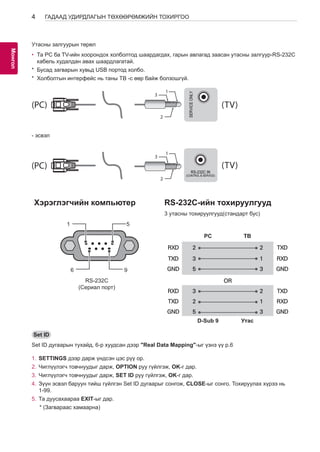 4 
МоАнГНгол 
ГАДААД УДИРДЛАГЫН ТӨХӨӨРӨМЖИЙН ТОХИРГОО 
USB IN 
(TV) 
(PC) 
(PC) 
Утасны залгуурын төрөл 
• RS-232C IN 
(PC) 
Та PC ба TV-ийн хоорондох холболтод шаардагдах, гарын (CONTROL авлагад & SERVICE) заасан кабель худалдан авах шаардлагатай. 
(TV) 
утасны залгуур-RS-232C 
* Бусад загварын хувьд USB портод холбо. 
* Холболтын интерфейс нь таны ТВ -с өөр байж болзошгүй. 
SERVICE ONLY 
1 
3 
(PC) (TV) 
2 
1 
1 
3 
3 
SERVICE ONLY 
2 
(PC) (TV) 
RS-232C IN 
(CONTROL & SERVICE) 
2 
1 
2 
Хэрэглэгчийн компьютер RS-232C-ийн тохируулгууд 
3 утасны тохируулгууд(стандарт бус) 
RS-232C IN 
3 
(CONTROL & SERVICE) 
- эсвэл 
USB IN 
(TV) 
(PC) 
RS-232C IN 
(CONTROL & SERVICE) (TV) 
(PC) (TV) 
(PC) (TV) 
RS-232C IN 
(CONTROL & SERVICE) 
RS-232C IN 
(CONTROL & SERVICE) 
￼ 
1 
6 
5 
9 
￼ 
PC ТВ 
RXD 2 2 TXD 
TXD 3 1 RXD 
GND 5 3 GND 
OR 
RXD 3 2 TXD 
TXD 2 1 RXD 
GND 5 3 GND 
D-Sub 9 Утас 
RS-232C 
(Сериал порт) 
Set ID 
Set ID дугаарын тухайд, 6-р хуудсан дээр "Real Data Mapping"-ыг үзнэ үү p.6 
1. SETTINGS дээр дарж үндсэн цэс рүү ор. 
2. Чиглүүлэгч товчнуудыг дарж, OPTION руу гүйлгэж, OK-г дар. 
3. Чиглүүлэгч товчнуудыг дарж, SET ID руу гүйлгэж, OK-г дар. 
4. Зүүн эсвэл баруун тийш гүйлгэн Set ID дугаарыг сонгож, CLOSE-ыг сонго. Тохируулах хүрээ нь 
1-99. 
5. Та дуусахаараа EXIT-ыг дар. 
* (Загвараас хамаарна) 
 