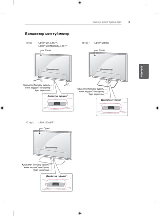 13 
ҚАЗАҚША 
ЖИНАУ ЖӘНЕ ДАЙЫНДАУ 
Бөлшектер мен түймелер 
A түрі : LB49**-ZH, LB57**, 
LB58**-ZA/ZB/ZG/ZJ, LB61** 
Сурет 
Динамиктер 
Қашықтан басқару құралы 
және зерделі1 сенсорлар 
Қуат көрсеткіші 
Джойстик түймесі2 
B түрі : LB49**-ZB/ZG 
Сурет 
Динамиктер 
Қашықтан басқару құралы 
және зерделі1 сенсорлар 
Қуат көрсеткіші 
ДжJоoйysсtтiиcкk тBүuйtмtoеnс2і2 
C түрі : LB58**-ZM/ZW 
Сурет 
Динамиктер 
Қашықтан басқару құралы 
және зерделі1 сенсорлар 
Қуат көрсеткіші 
Джойстик түймесі2 
 