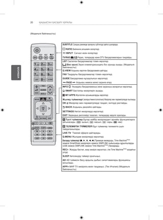 20 
ҚАЗАҚША 
ҚАШЫҚТАН БАСҚАРУ ҚҰРАЛЫ 
SUBTITLE Сандық режимде қалаулы субтитрді қайта шығарады. 
RATIO Бейненің өлшемін өзгертеді. 
INPUT Сигнал көзін өзгертеді. 
TV/RAD Радио, теледидар және DTV бағдарламаларын таңдайды. 
LIST Сақталған бағдарламалар тізімін көрсетеді. 
(Бос орын) Экран клавиатурасындағы бос орынды ашады. (Модельге 
байланысты) 
Q.VIEW Алдыңғы көрілген бағдарламаға қайтады. 
FAV Таңдаулы бағдарламалар тізімін көрсетеді. 
GUIDE Бағдарлама нұсқаулығын көрсетеді. 
PAGE Алдыңғы немесе келесі экранға өтеді. 
INFO Ағымдағы бағдарламаның және экранның ақпаратын көрсетеді. 
SMART Бастапқы мәзірлерін ашады. 
MY APPS Жүктелген қосымшаларды көрсетеді. 
Жылжу түймелері (жоғары/төмен/солға/оңға) Мәзірлер мен параметрлерде жылжиды. 
OK Мәзірлер мен параметрлерді таңдап, енгізуді растайды. 
BACK Алдыңғы деңгейге қайтады. 
SETTINGS Негізгі мәзірлерді көрсетеді. 
EXIT Экрандық дисплейді тазалап, теледидар көруге оралады. 
1 Түсті түймелер Бұлар кейбір мәзірлердегі арнайы функцияларға 
қатынасады. ( : қызыл, : жасыл, : сары, : көк) 
2 ТЕЛЕМӘТІН ТҮЙМЕЛЕРІ Бұл түймелер телемәтін үшін 
пайдаланылады. 
LIVE TV Тікелей эфирге қайтарады. 
Q.MENU Жылдам мәзірлерді көрсетеді. 
Басқару түймелері ( ) Премиум мазмұнды, Time MachineReady 
немесе SmartShare мәзірлерін немесе SIMPLINK сыйысымды құрылғыларды 
(USB немесе SIMPLINK немесе Time MachineReady) басқарады. 
REC/ Жазуды бастап, жазу мәзірін көрсетіңіз. (тек Time MachineReady қолдайтын 
үлгіде) 
SLEEP Автосөндіру таймері орнатыңыз. 
AD AD түймесін басу арқылы дыбыс сипаттамалары функциясы 
қосылады. 
APP/ MHP TV мәзірінің көзін таңдаңыз. (Тек Италия) (Модельге 
байланысты) 
(Модельге байланысты) 
P 
A 
GE 
RATIO INPUT 
SUBTITLE RAD 
1 .,;@ 2 abc 3 def 
4 ghi 5 jkl 6 mno 
7 pqrs 8 tuv 
0 
LIST Q.VIEW 
FAV 
GUIDE 
MUTE 
TV/ 
9 wxyz 
EXIT 
OK 
SETTINGS 
MY APPS 
INFO 
TEXT T.OPT Q.MENU 
LIVE TV 
REC/ 
AD 
BACK 
SMART 
SLEEP APP/ 
1 
2 
 