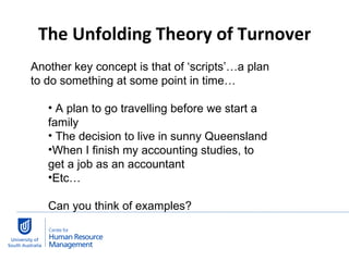 The Unfolding Theory of Turnover Another key concept is that of ‘scripts’…a plan to do something at some point in time… A plan to go travelling before we start a family The decision to live in sunny Queensland When I finish my accounting studies, to get a job as an accountant Etc… Can you think of examples?  