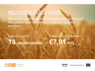 MEZANĪNA AIZDEVUMS 
Mezanīna aizdevums ir LGA aizdevums uzņēmuma līdzdalības nodrošināšanai, pakārtots bankas kredītam 
Aizdevumu līgumi ar 13 uzņēmumiem 
Kopējais aizdevumu apmērs ir €7,91 milj. 
 
