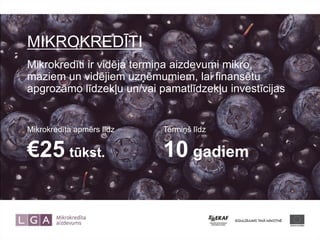 MIKROKREDĪTI 
Mikrokredīti ir vidēja termiņa aizdevumi mikro, maziem un vidējiem uzņēmumiem, lai finansētu apgrozāmo līdzekļu un/vai pamatlīdzekļu investīcijas 
Termiņš līdz 10 gadiem 
Mikrokredīta apmērs līdz €25 tūkst. 
 