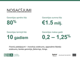 Garantijas apmērs līdz 80% 
Garantijas summa līdz €1.5 milj. 
NOSACĪJUMI 
Garantijas termiņš līdz 10 gadiem 
Garantijas maksa gadā 0,2 – 1,25% 
Finanšu pakalpojumi – investīciju aizdevums, apgrozāmo līdzekļu aizdevums, bankas garantija, faktorings, līzings.  
