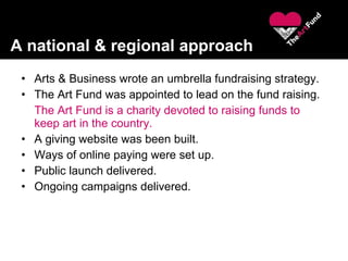 Arts & Business wrote an umbrella fundraising strategy. The Art Fund was appointed to lead on the fund raising. The Art Fund is a charity devoted to raising funds to keep art in the country. A giving website was been built. Ways of online paying were set up. Public launch delivered. Ongoing campaigns delivered. A national & regional effort A national & regional approach 