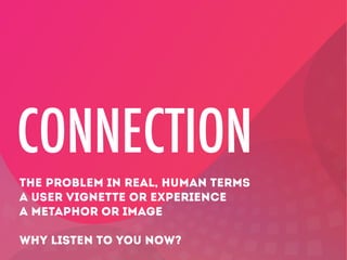 CONNECTION
THE PROBLEM IN REAL, HUMAN TERMS
A USER VIGNETTE OR EXPERIENCE
A METAPHOR OR IMAGE
WHY LISTEN TO YOU NOW?

 