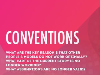 CONVENTIONS
WHAT ARE THE KEY REASON’S THAT OTHER
PEOPLE’S MODELS DO NOT WORK OPTIMALLY?
WHAT PART OF THE CURRENT STORY IS NO
LONGER WORKING?
WHAT ASSUMPTIONS ARE NO LONGER VALID?

 