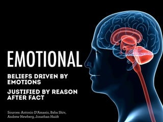 EMOTIONAL
beliefs driven by
emotions
justified by reason
after fact
Sources: Antonio D’Amasio, Baba Shiv,
Andrew Newberg, Jonathan Haidt

 