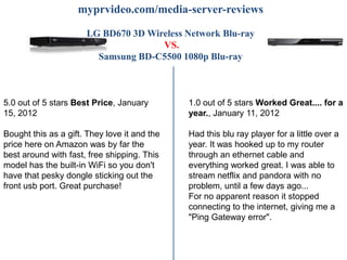 myprvideo.com/media-server-reviews

                      LG BD670 3D Wireless Network Blu-ray
                                     VS.
                        Samsung BD-C5500 1080p Blu-ray



5.0 out of 5 stars Best Price, January        1.0 out of 5 stars Worked Great.... for a
15, 2012                                      year., January 11, 2012

Bought this as a gift. They love it and the   Had this blu ray player for a little over a
price here on Amazon was by far the           year. It was hooked up to my router
best around with fast, free shipping. This    through an ethernet cable and
model has the built-in WiFi so you don't      everything worked great. I was able to
have that pesky dongle sticking out the       stream netflix and pandora with no
front usb port. Great purchase!               problem, until a few days ago...
                                              For no apparent reason it stopped
                                              connecting to the internet, giving me a
                                              "Ping Gateway error".
 
