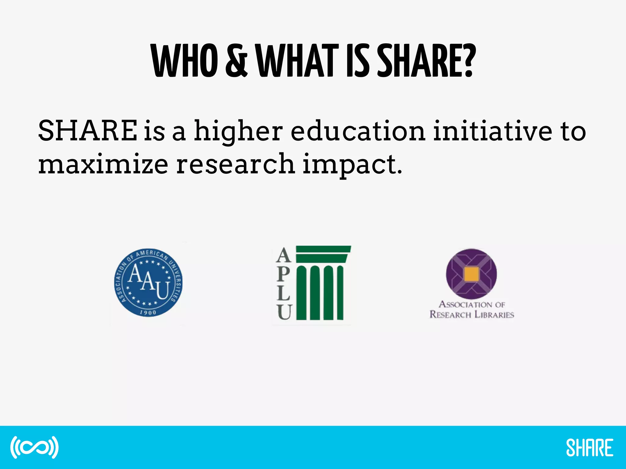 WHO&WHATISSHARE?
SHARE is a higher education initiative to
maximize research impact.
 