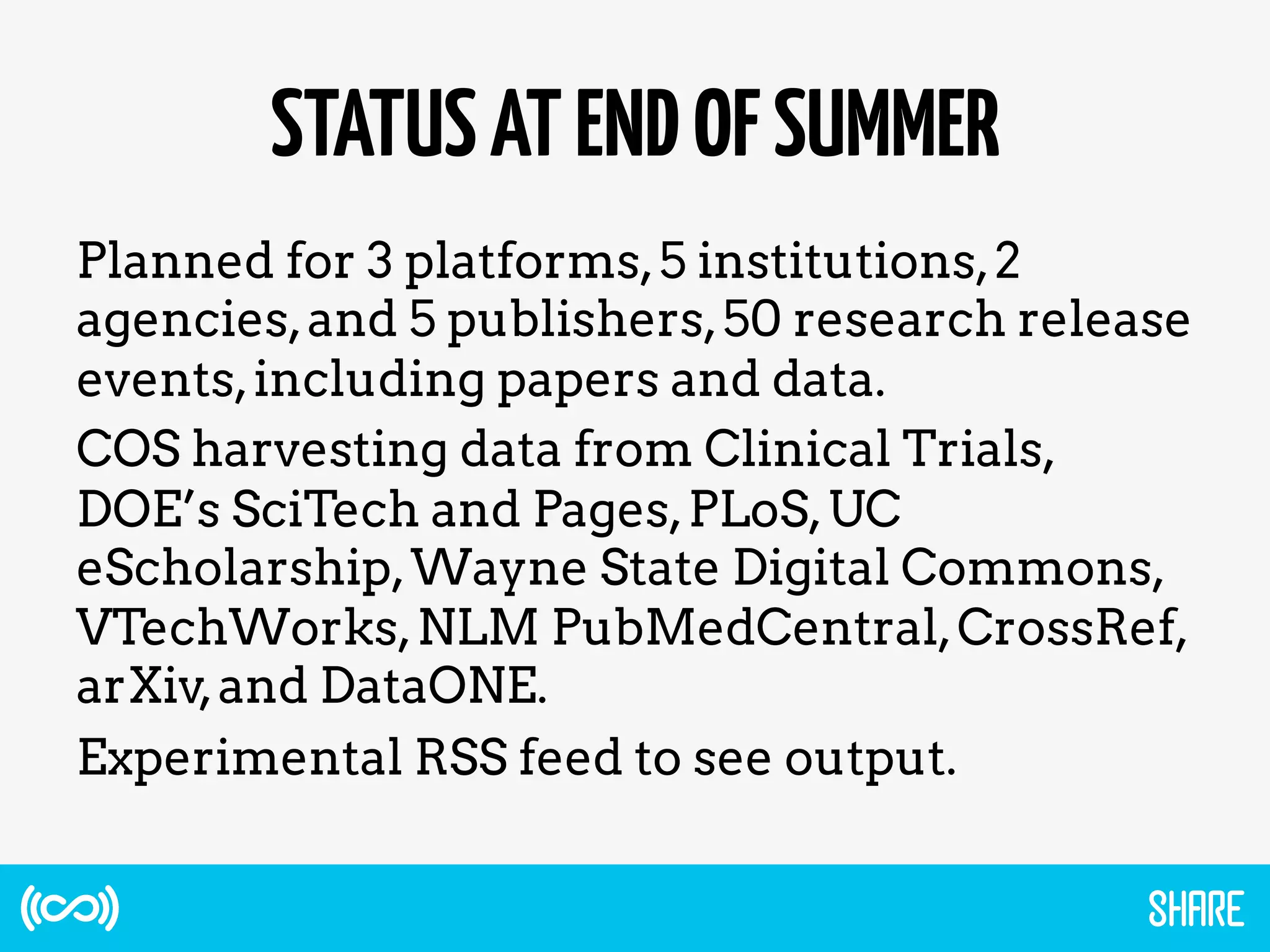 STATUSATENDOFSUMMER
Planned for 3 platforms,5 institutions,2
agencies,and 5 publishers,50 research release
events,including papers and data.
COS harvesting data from Clinical Trials,
DOE’s SciTech and Pages,PLoS,UC
eScholarship,Wayne State Digital Commons,
VTechWorks,NLM PubMedCentral,CrossRef,
arXiv,and DataONE.
Experimental RSS feed to see output.
 