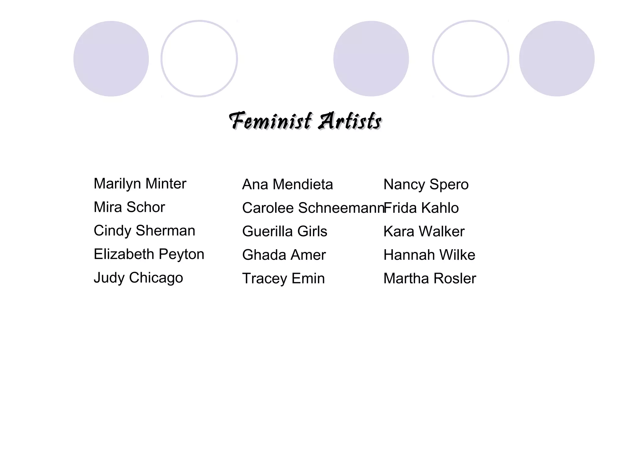 Marilyn Minter
Mira Schor
Cindy Sherman
Elizabeth Peyton
Judy Chicago
Feminist ArtistsFeminist Artists
Ana Mendieta
Carolee Schneemann
Guerilla Girls
Ghada Amer
Tracey Emin
Nancy Spero
Frida Kahlo
Kara Walker
Hannah Wilke
Martha Rosler
 