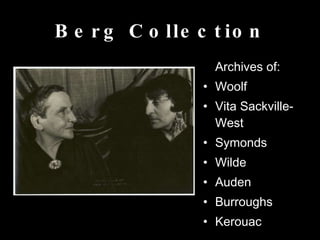 Berg Collection Archives of: Woolf Vita Sackville-West Symonds Wilde Auden Burroughs Kerouac
