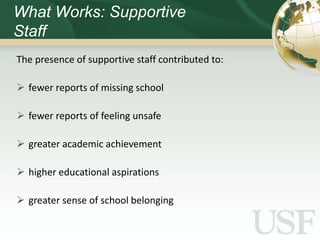 What Works: Supportive
Staff
The presence of supportive staff contributed to:

 fewer reports of missing school

 fewer reports of feeling unsafe

 greater academic achievement

 higher educational aspirations

 greater sense of school belonging
 